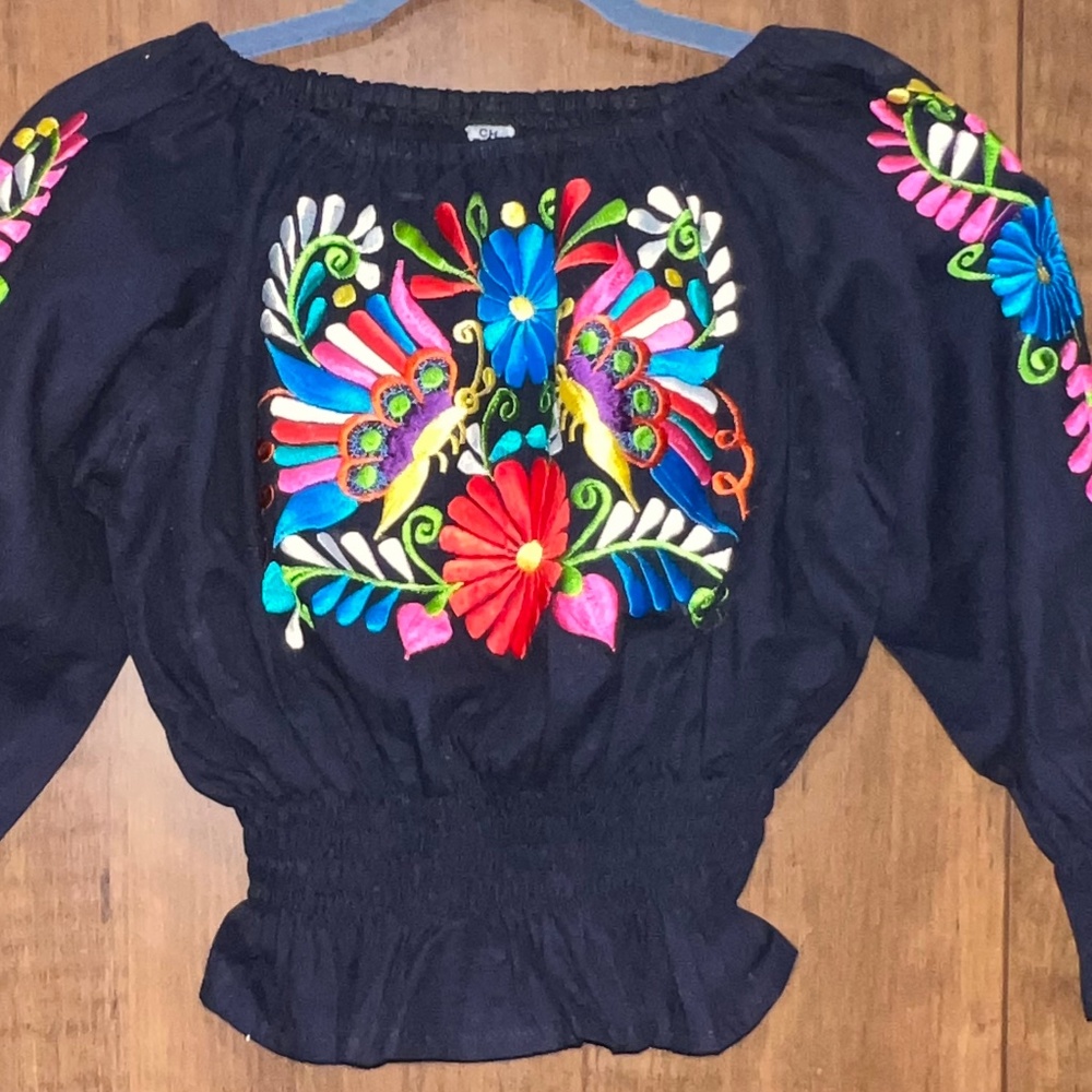 100 % Mexican Hand Embroidered Top Blouse Size XS Navy Blue